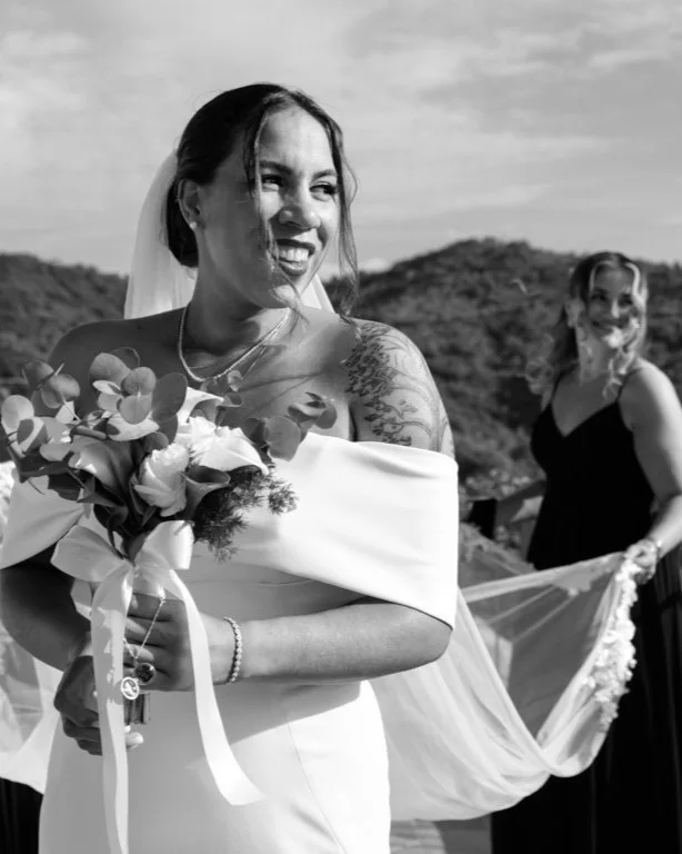 Black-and-white bridal portrait outdoors