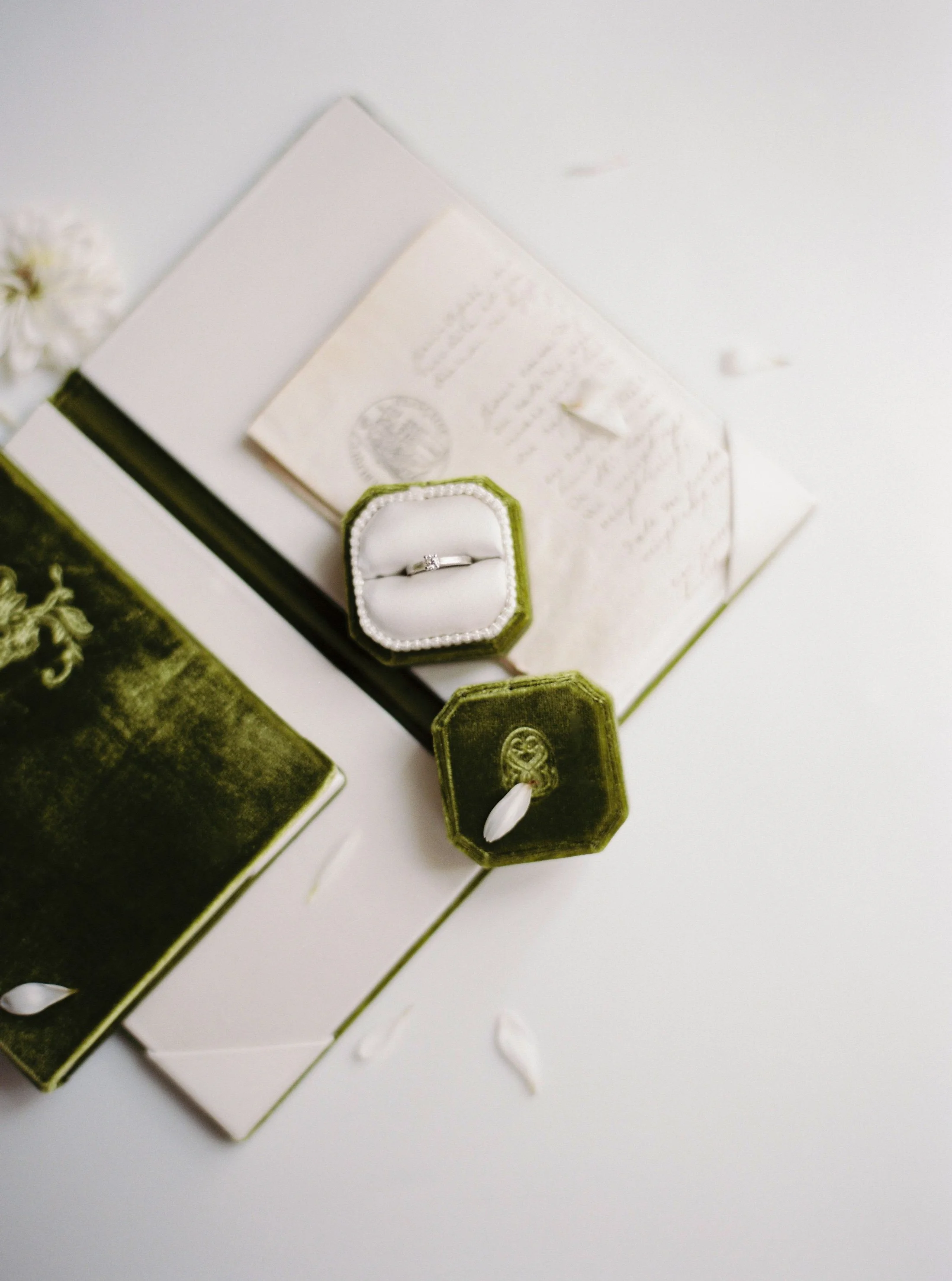 Wedding rings beside stationery
