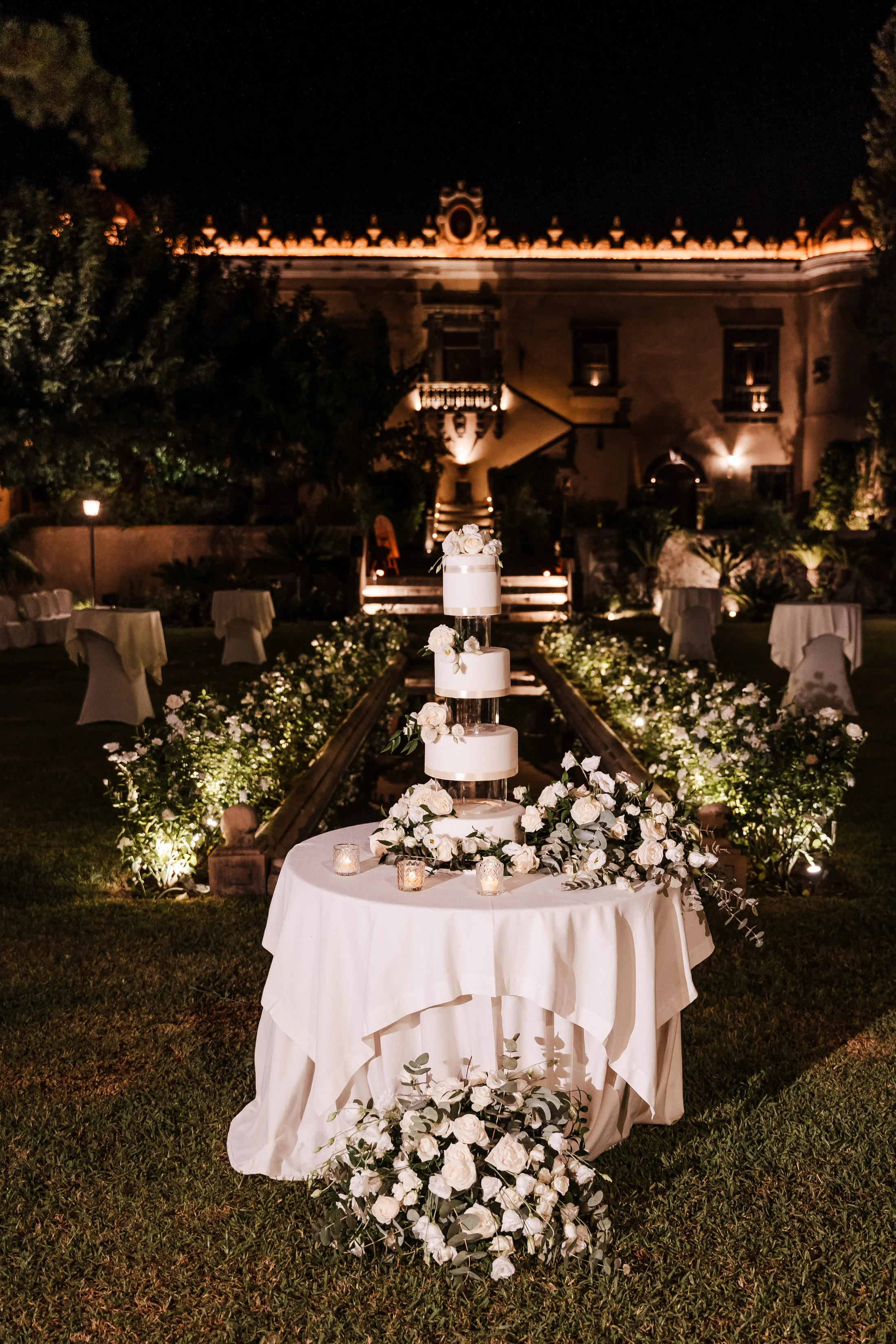 Wedding cake lit at night