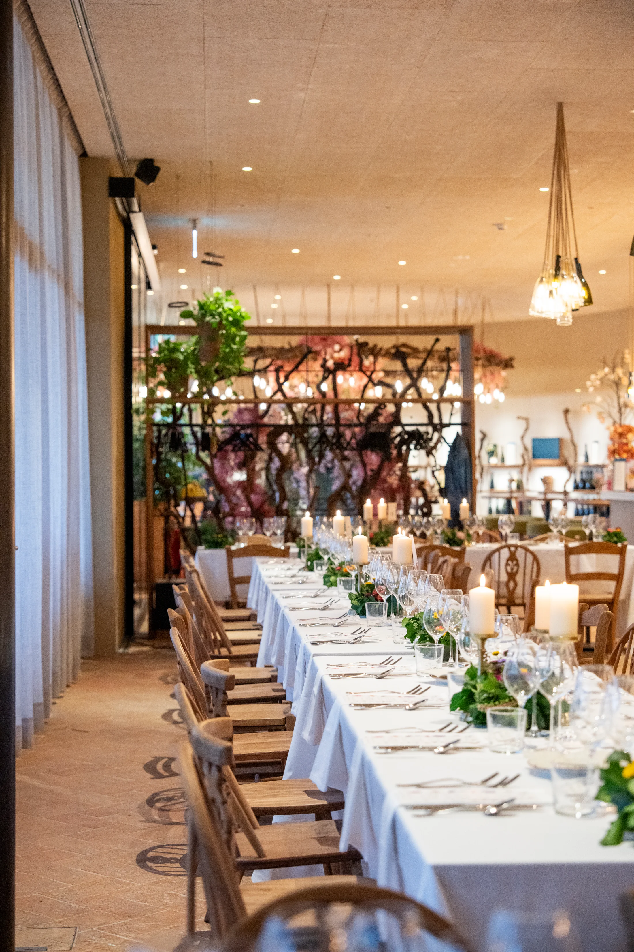 Long reception table in a covered space