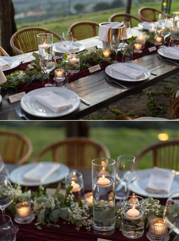 Reception place settings with greenery