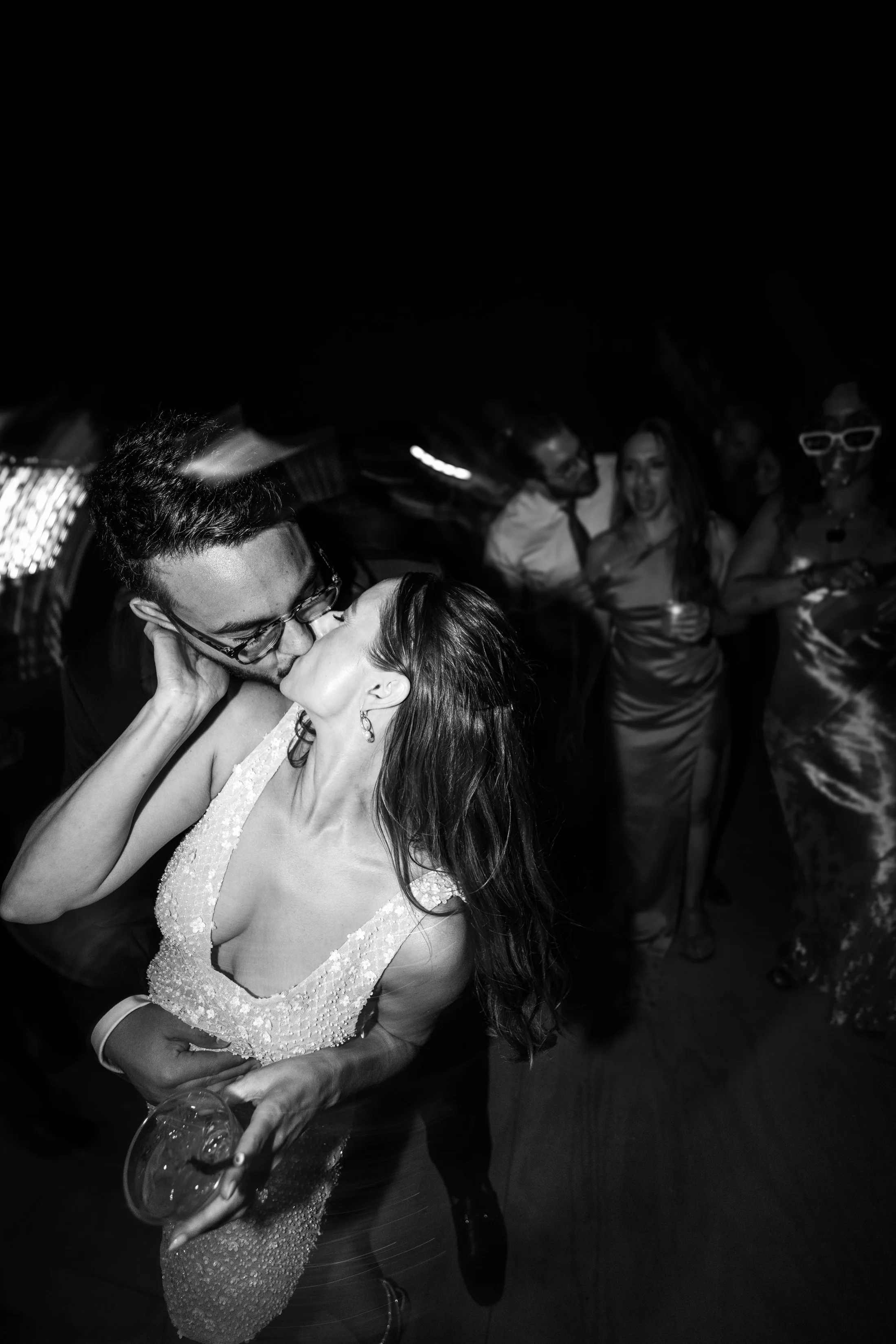 Black-and-white dance-floor photograph