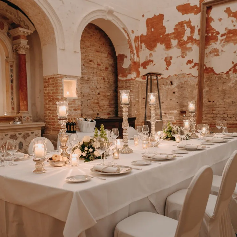 Reception tables in a room with decorated walls