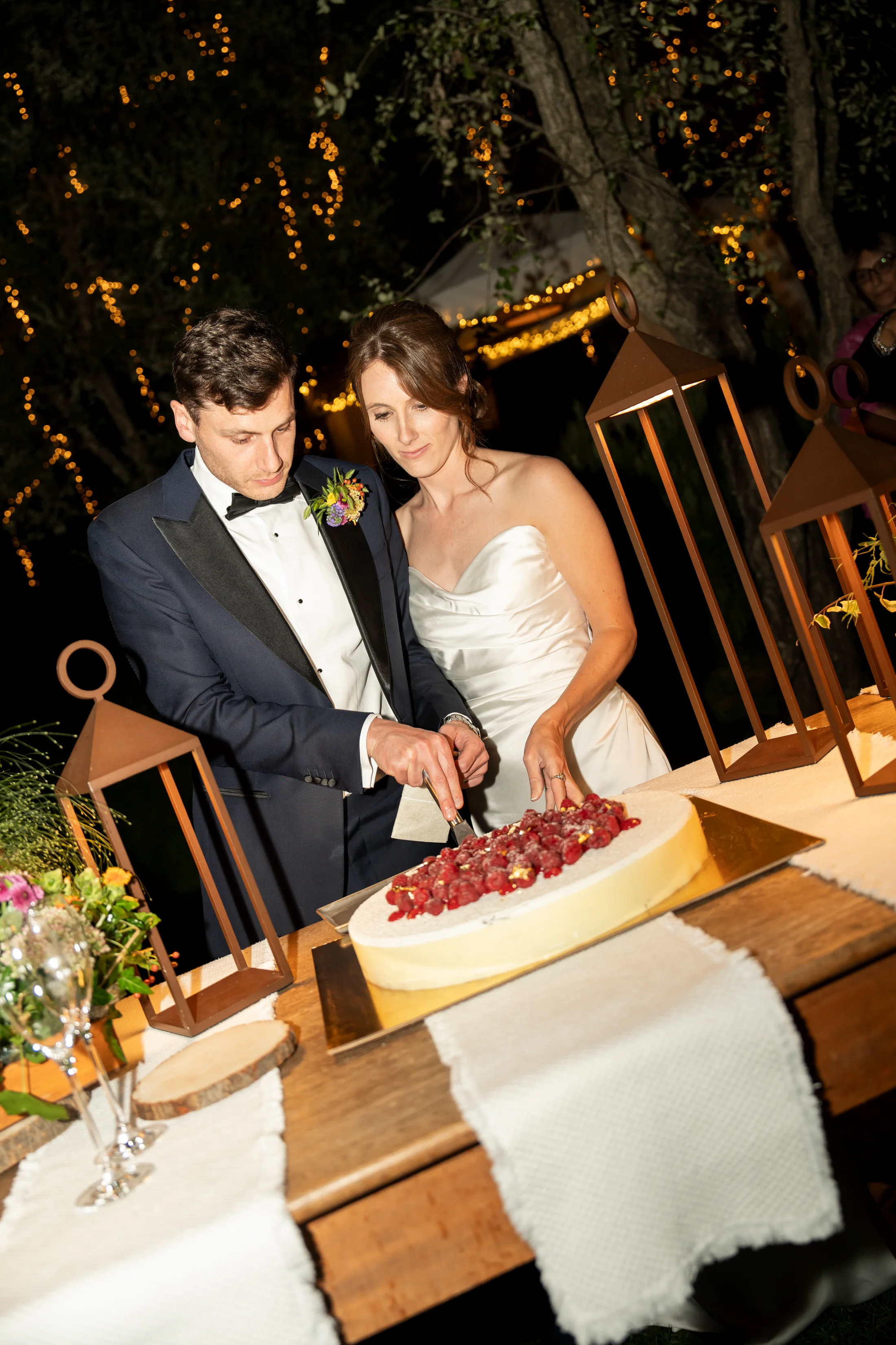 Bride and groom cutting a cake