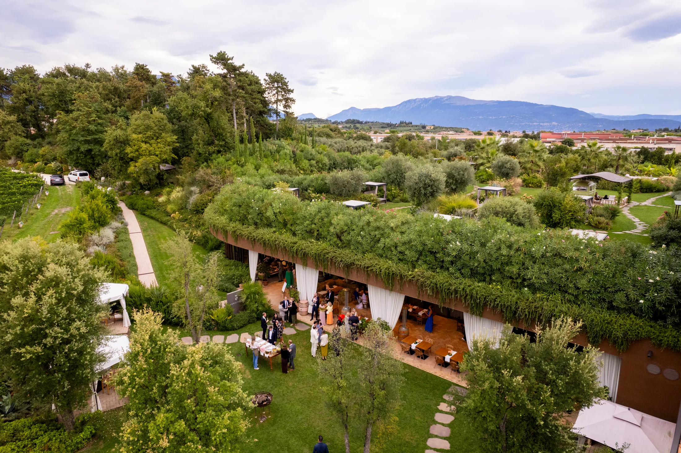 Aerial view of a garden wedding venue