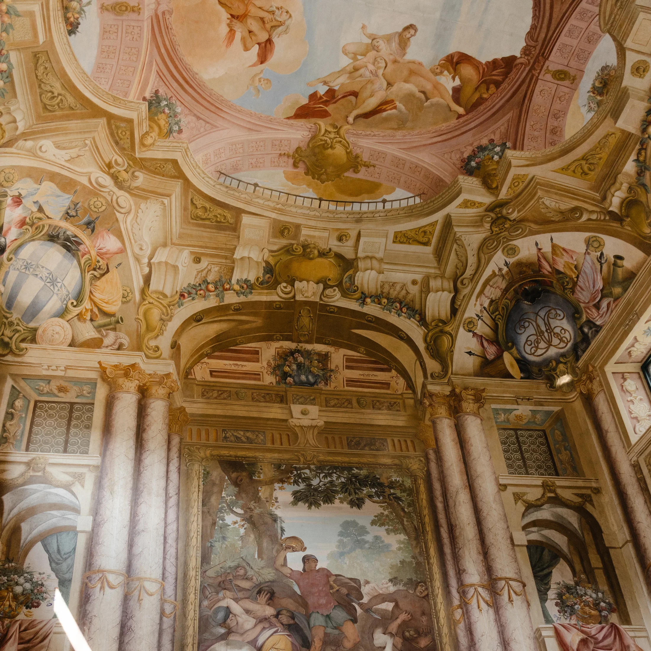 Painted ceiling and chandeliers