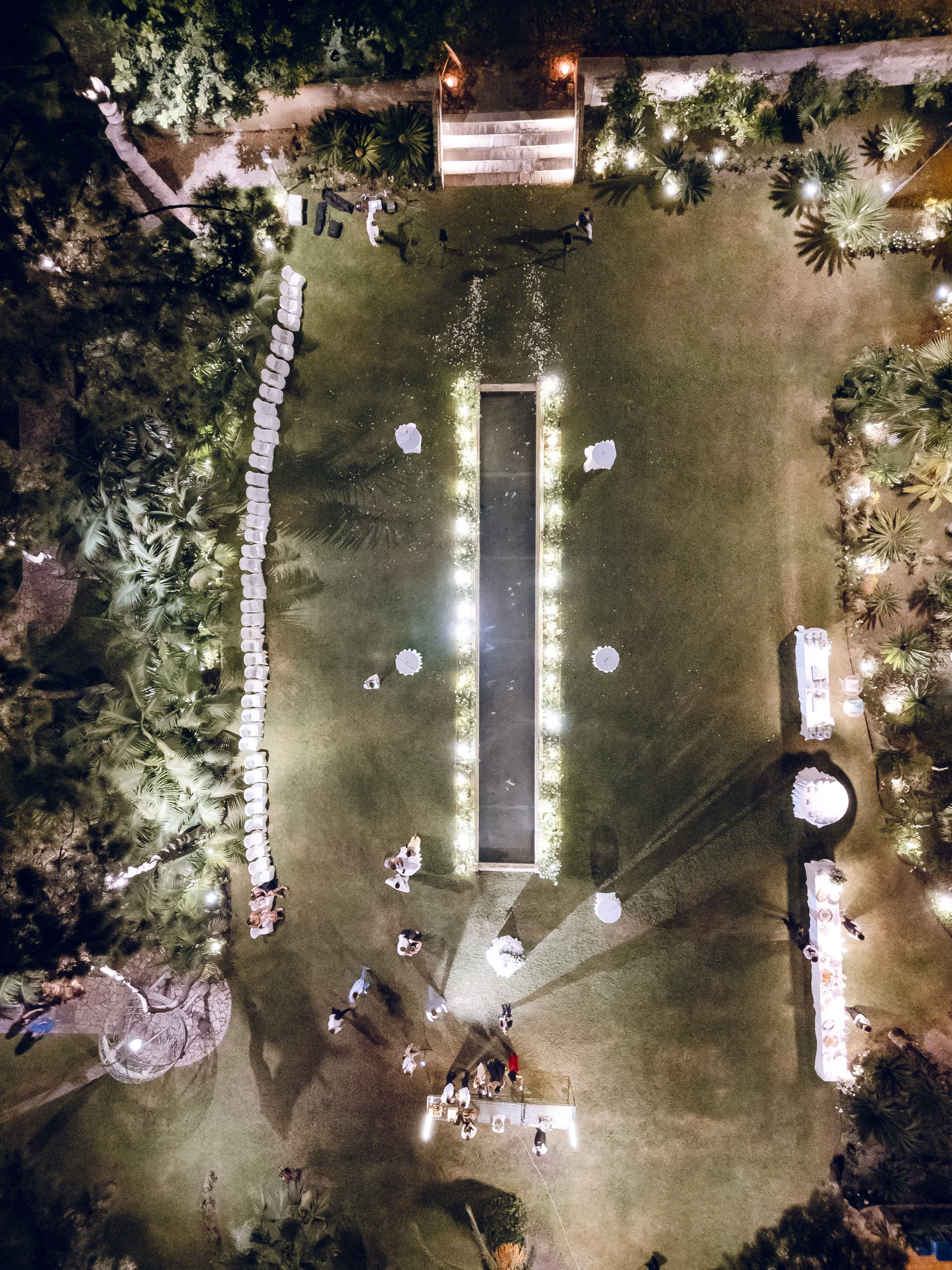 Aerial view of illuminated reception tables